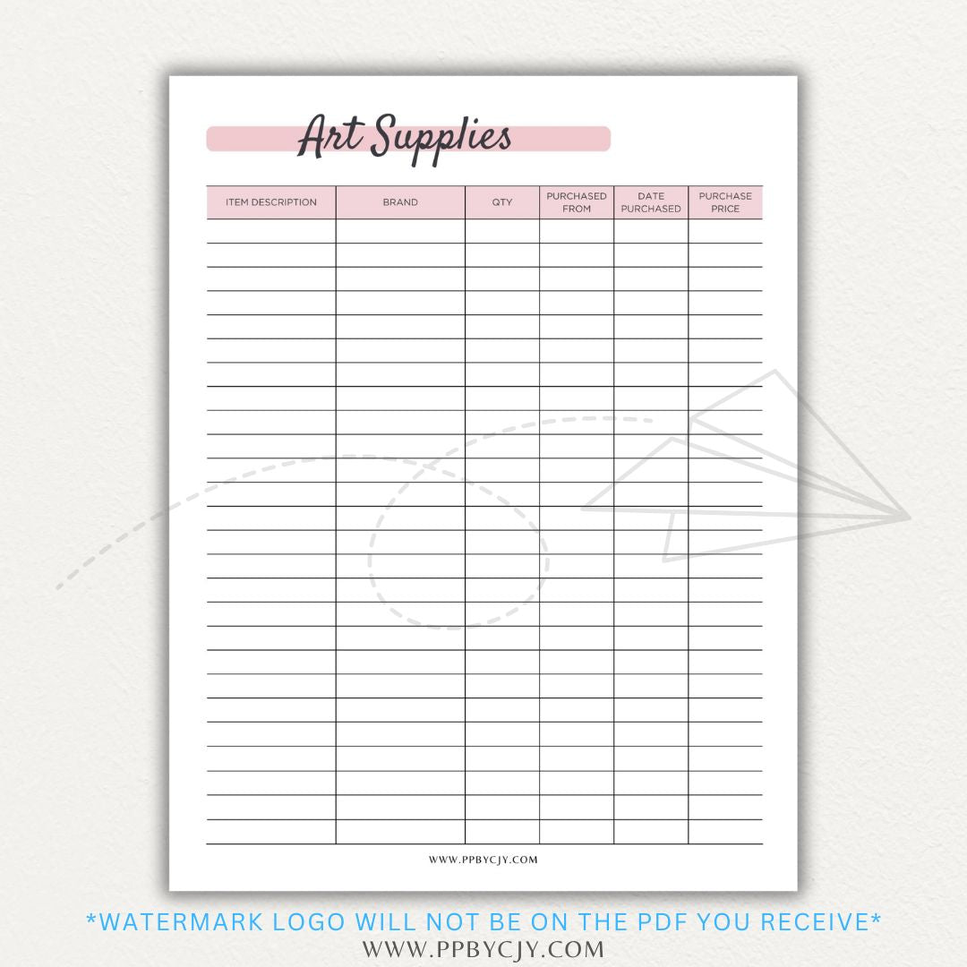 Art Material Supply Inventory Printable PDF Template for Tracking Art Supplies