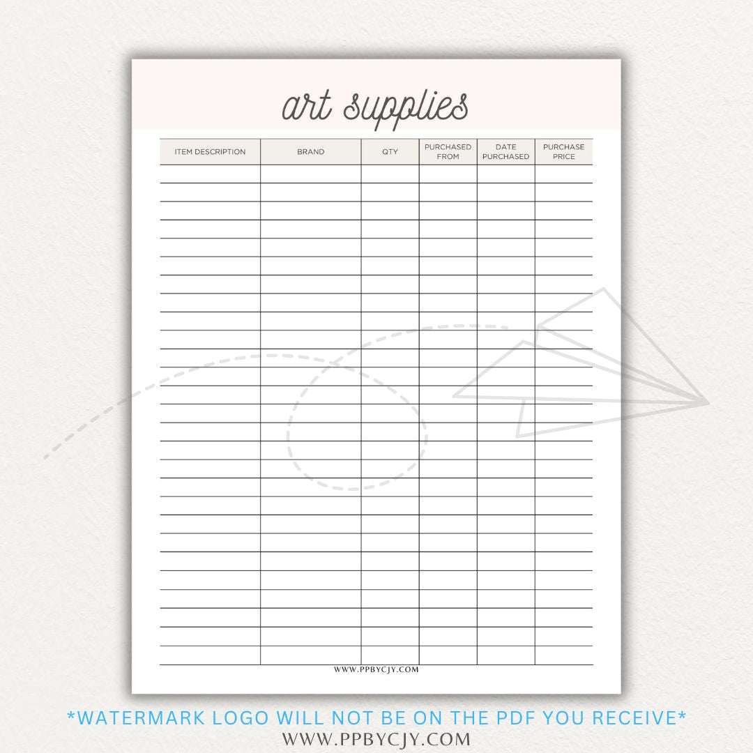 Art Material Supply Inventory Printable PDF Template for Tracking Art Supplies
