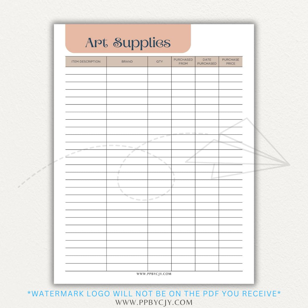 Art Material Supply Inventory Printable PDF Template for Tracking Art Supplies