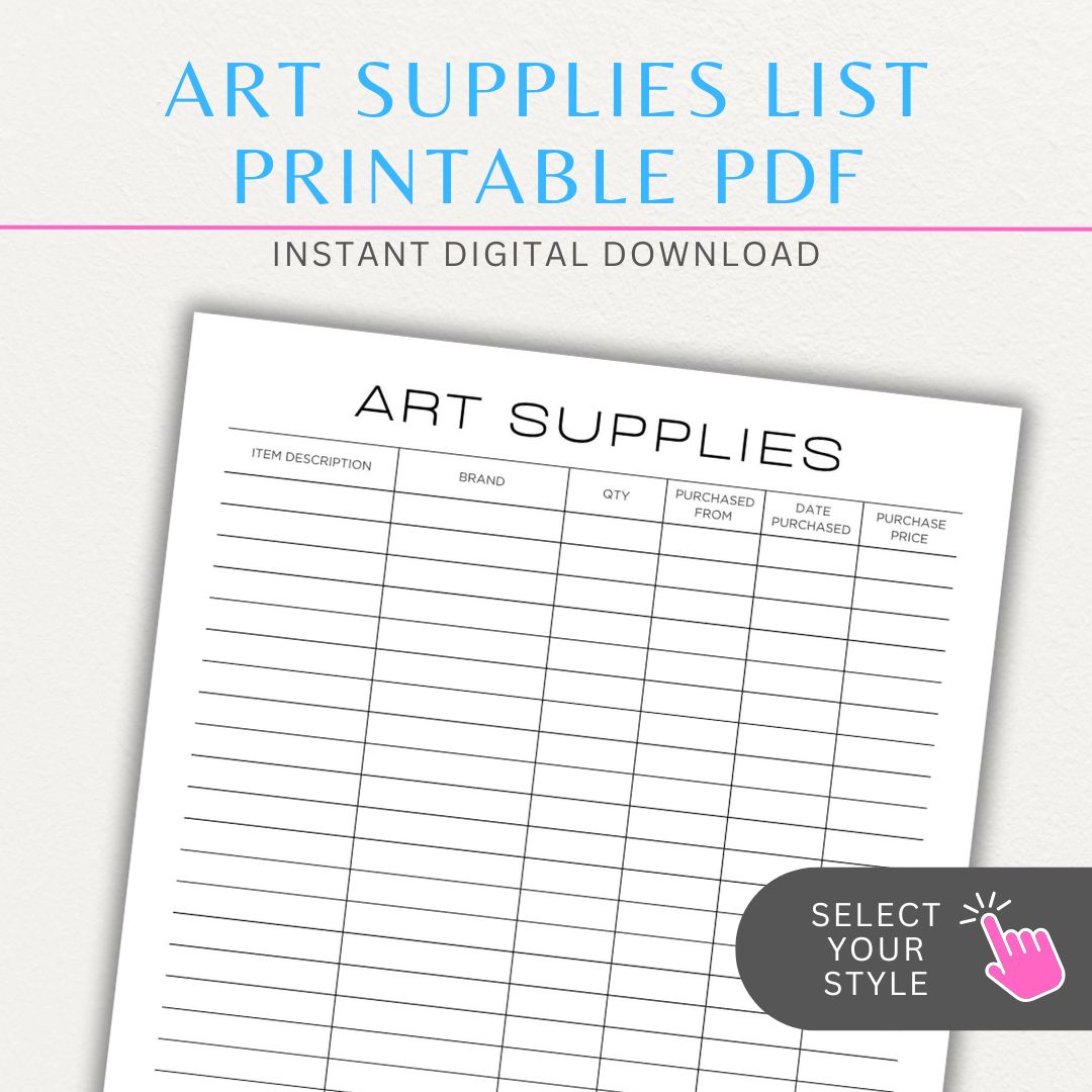 Art Material Supply Inventory Printable PDF Template for Tracking Art Supplies