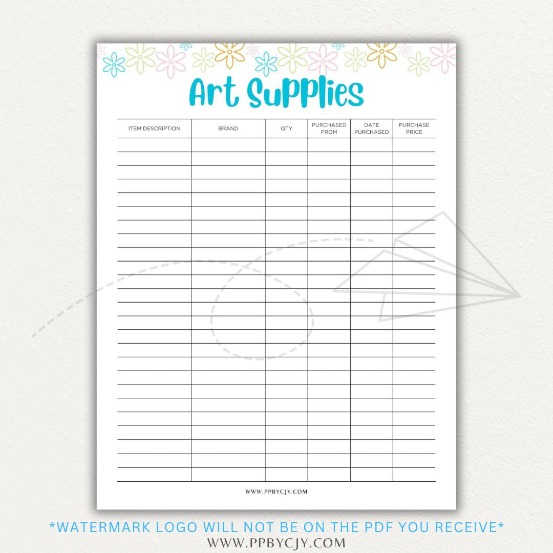 Art Material Supply Inventory Printable PDF Template for Tracking Art Supplies