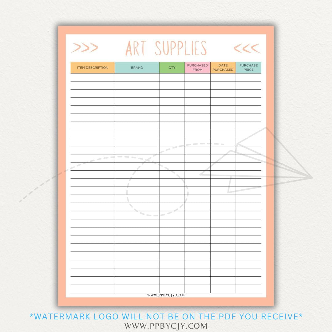 Art Material Supply Inventory Printable PDF Template for Tracking Art Supplies