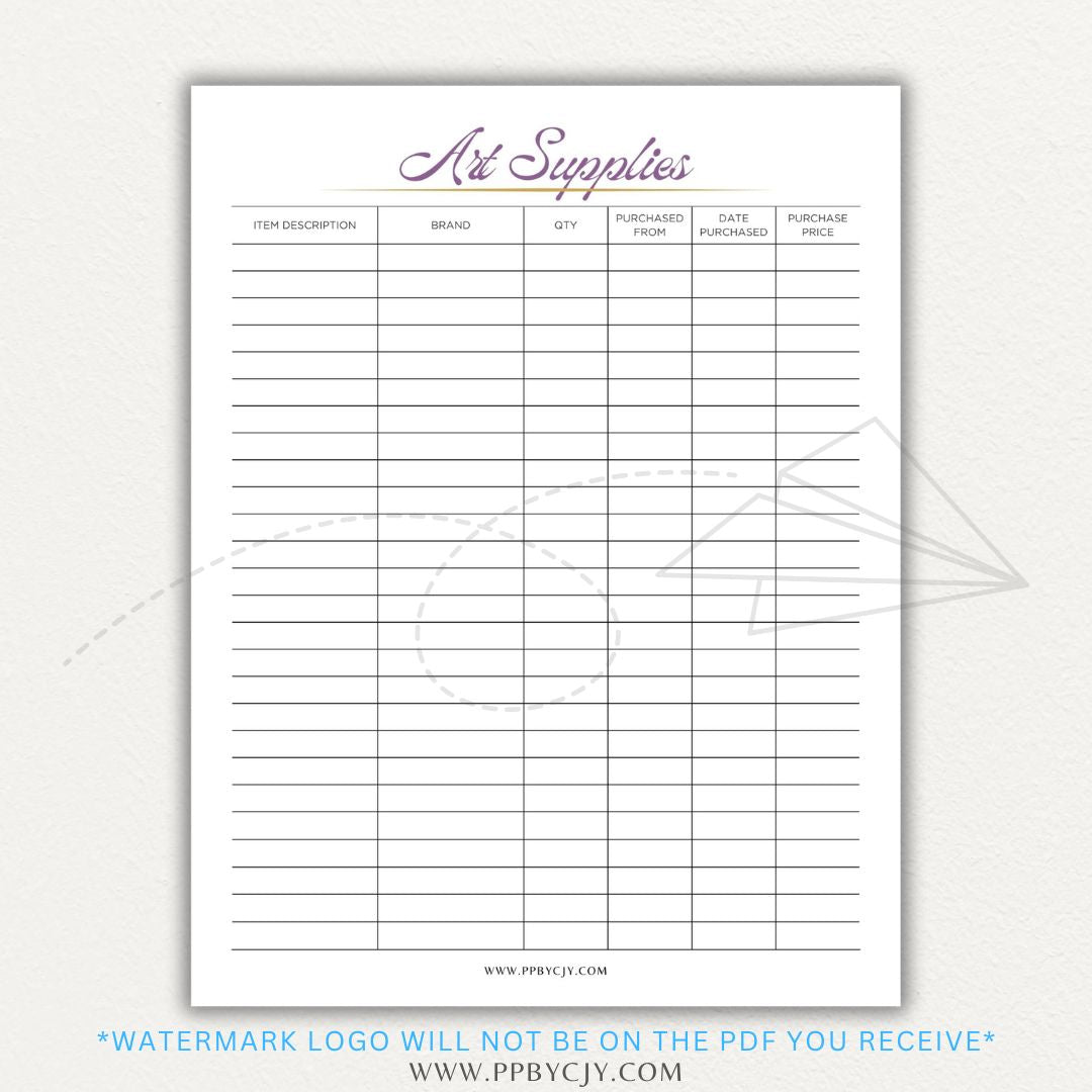 Art Material Supply Inventory Printable PDF Template for Tracking Art Supplies