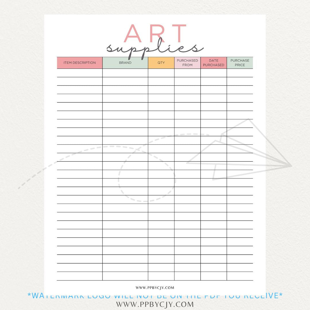 Art Material Supply Inventory Printable PDF Template for Tracking Art Supplies
