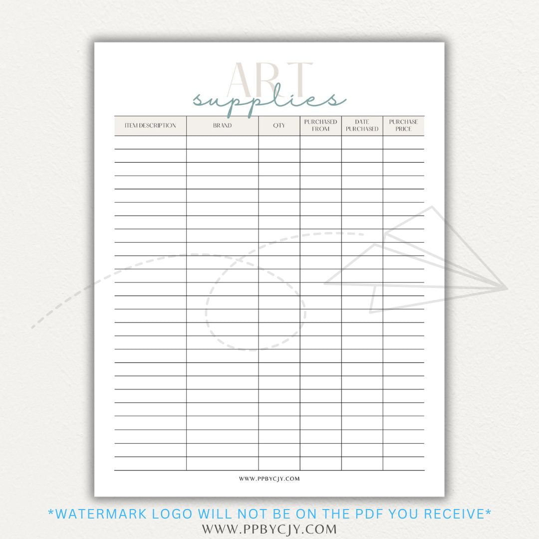 Art Material Supply Inventory Printable PDF Template for Tracking Art Supplies