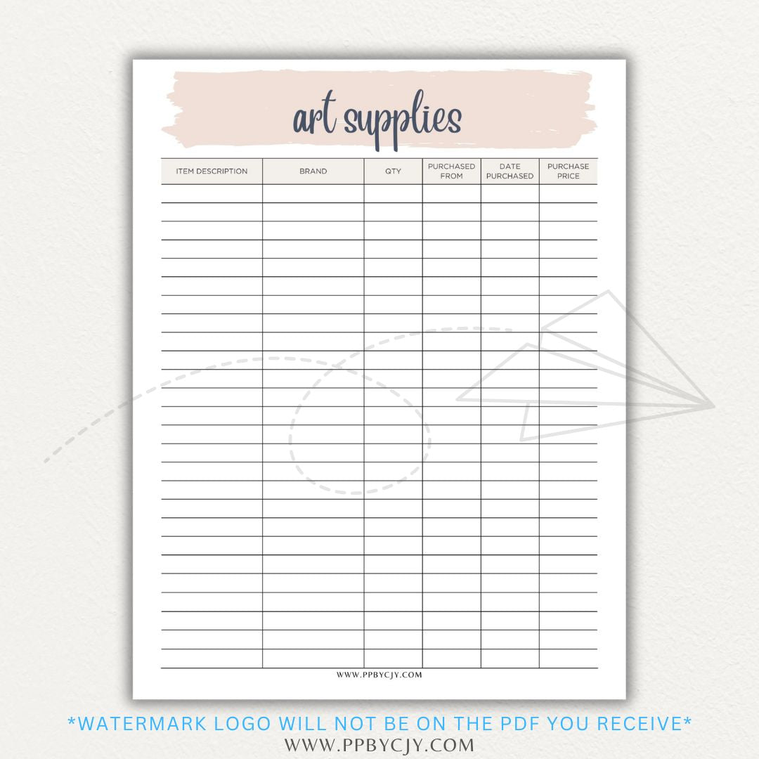Art Material Supply Inventory Printable PDF Template for Tracking Art Supplies