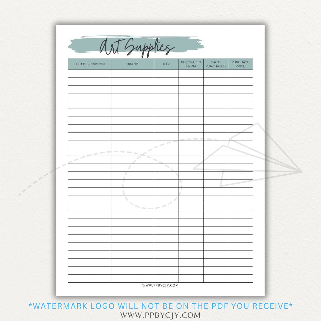 Art Material Supply Inventory Printable PDF Template for Tracking Art Supplies