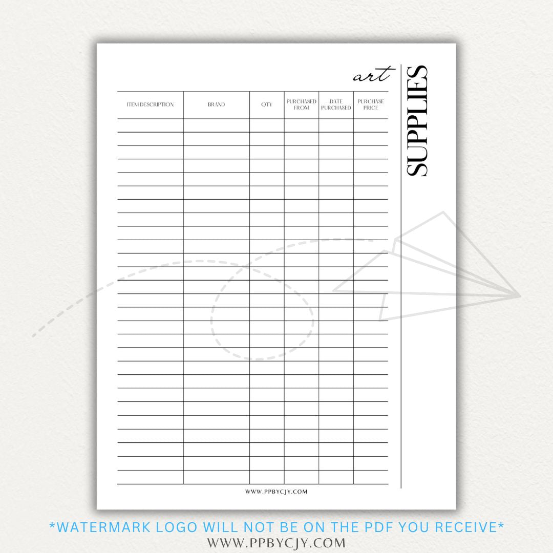 Art Material Supply Inventory Printable PDF Template for Tracking Art Supplies