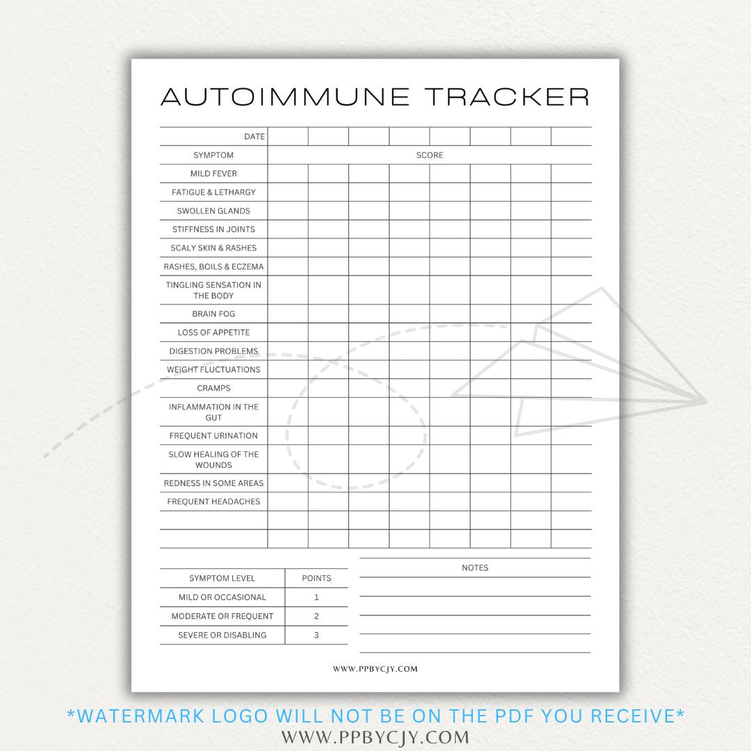 Autoimmune Disease Tracker Printable PDF Template with sections for symptoms, medications, triggers, and progress tracking.