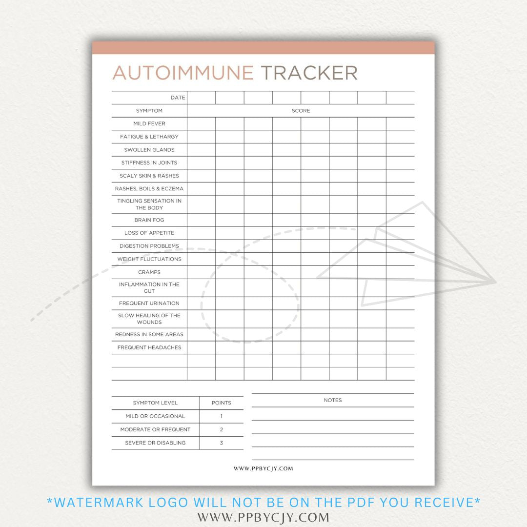 Autoimmune Disease Tracker Printable PDF Template with sections for symptoms, medications, triggers, and progress tracking.
