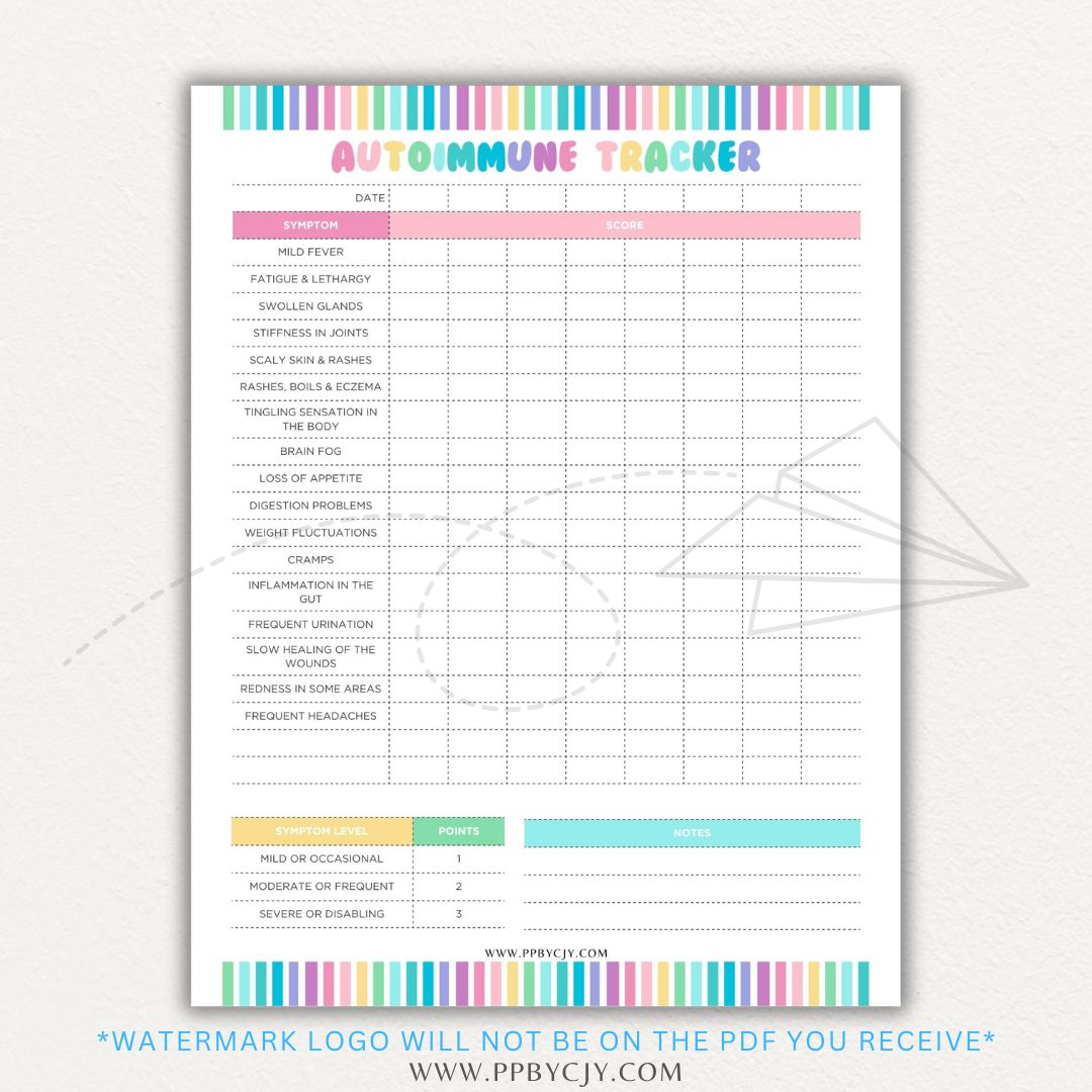 Autoimmune Disease Tracker Printable PDF Template with sections for symptoms, medications, triggers, and progress tracking.