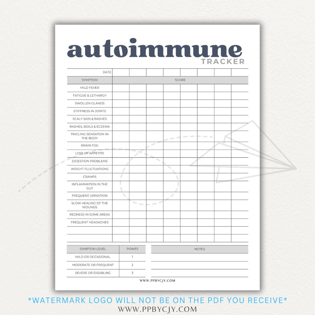 Autoimmune Disease Tracker Printable PDF Template with sections for symptoms, medications, triggers, and progress tracking.