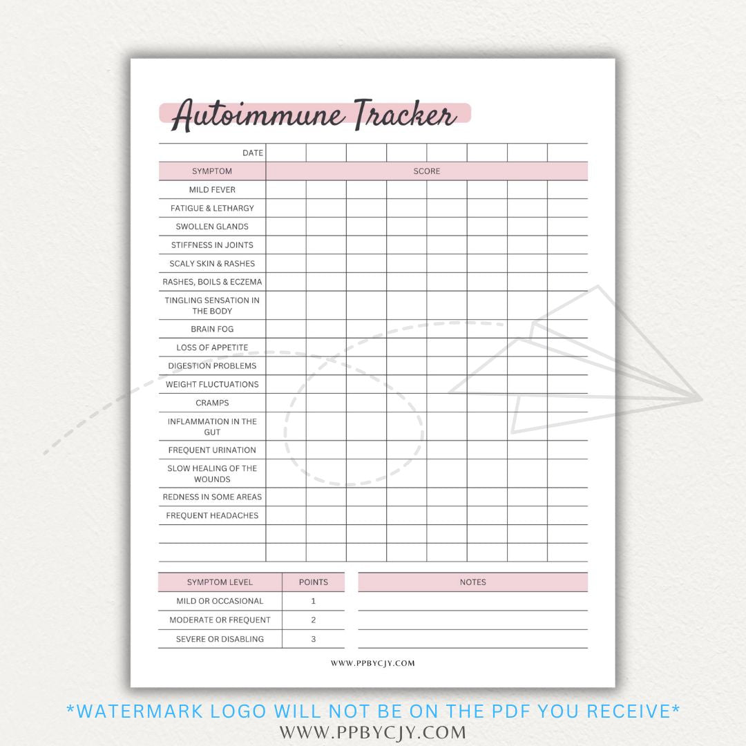 Autoimmune Disease Tracker Printable PDF Template with sections for symptoms, medications, triggers, and progress tracking.