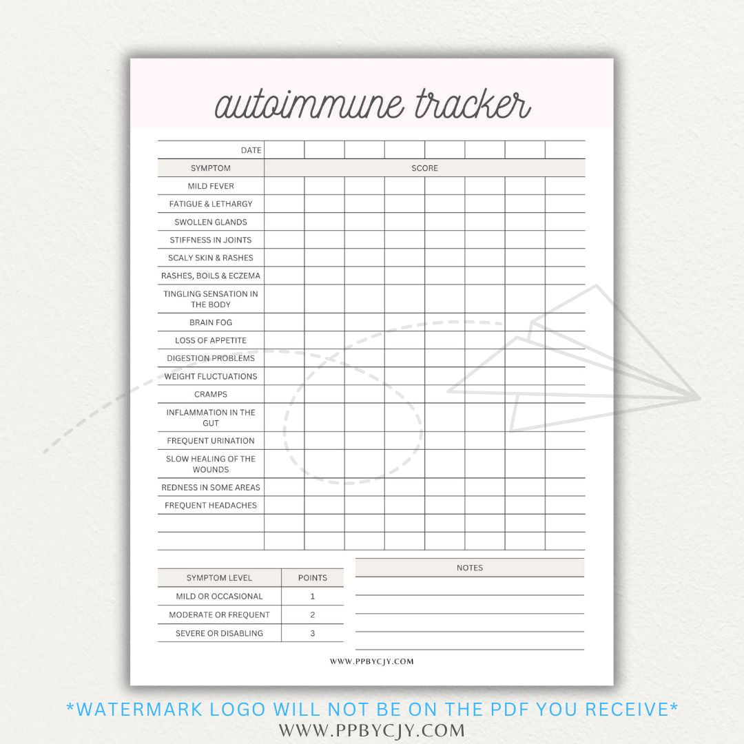 Autoimmune Disease Tracker Printable PDF Template with sections for symptoms, medications, triggers, and progress tracking.