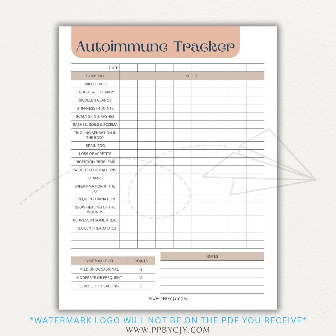 Autoimmune Disease Tracker Printable PDF Template with sections for symptoms, medications, triggers, and progress tracking.