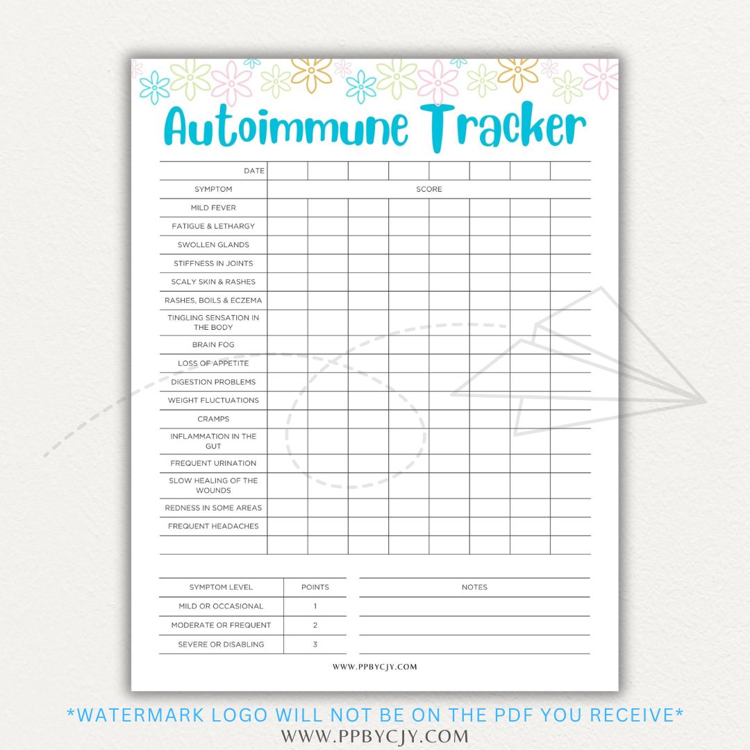 Autoimmune Disease Tracker Printable PDF Template with sections for symptoms, medications, triggers, and progress tracking.