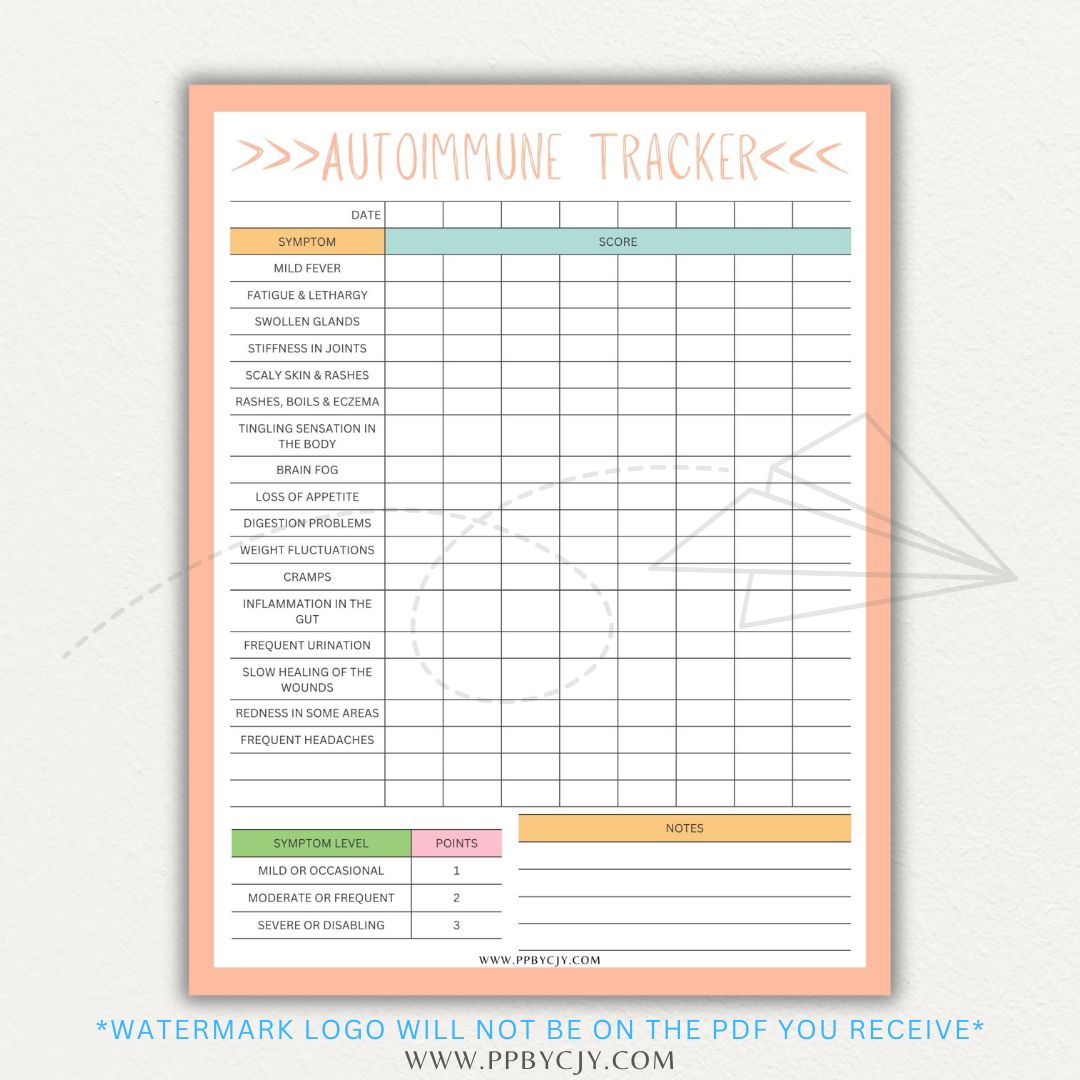 Autoimmune Disease Tracker Printable PDF Template with sections for symptoms, medications, triggers, and progress tracking.