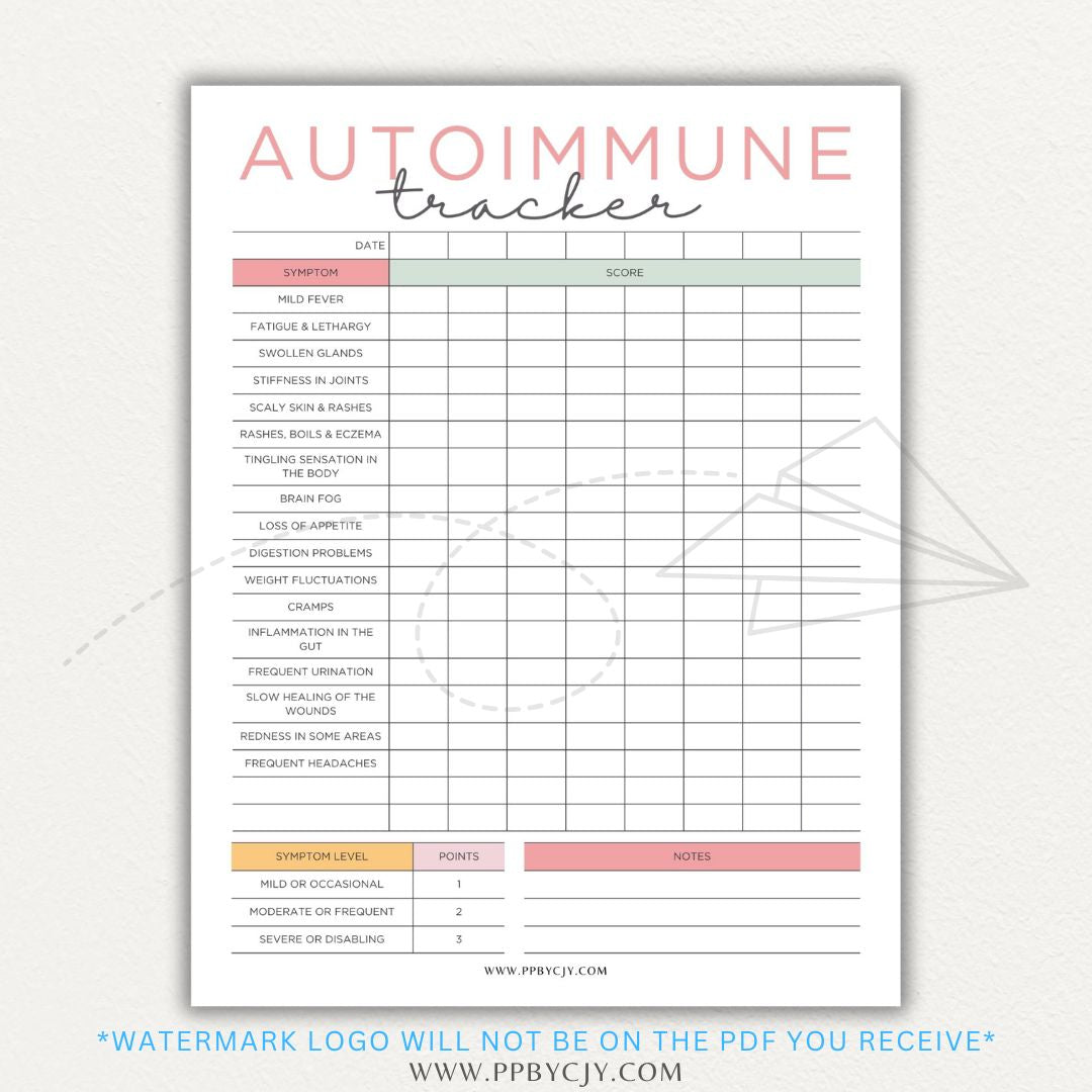 Autoimmune Disease Tracker Printable PDF Template with sections for symptoms, medications, triggers, and progress tracking.