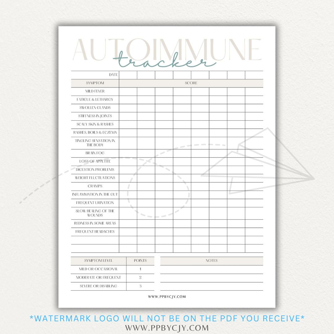 Autoimmune Disease Tracker Printable PDF Template with sections for symptoms, medications, triggers, and progress tracking.