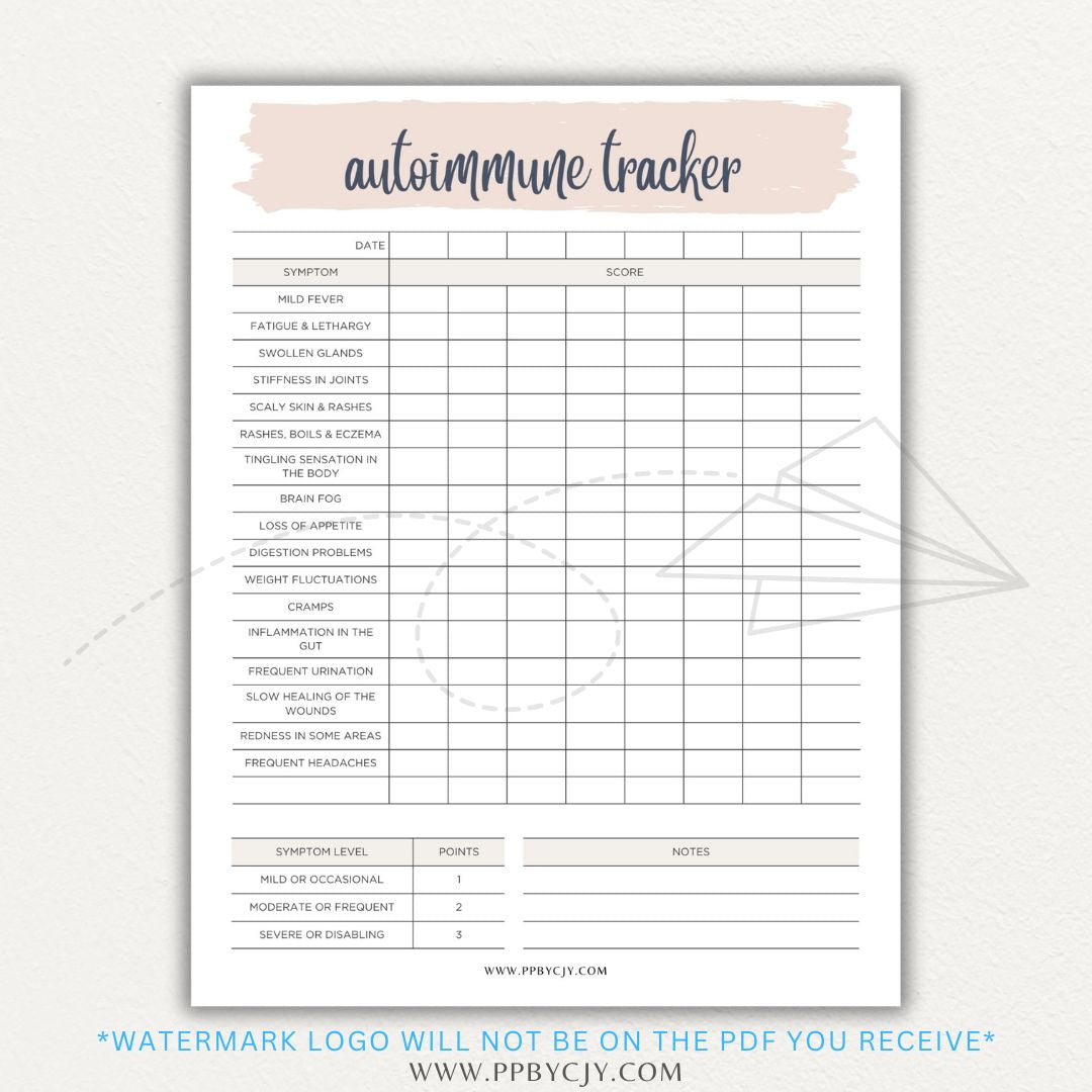 Autoimmune Disease Tracker Printable PDF Template with sections for symptoms, medications, triggers, and progress tracking.