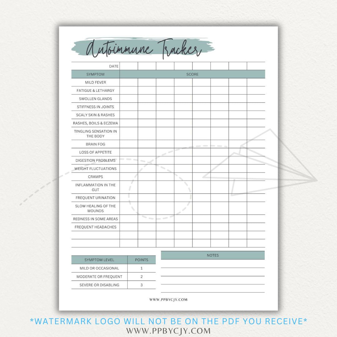 Autoimmune Disease Tracker Printable PDF Template with sections for symptoms, medications, triggers, and progress tracking.
