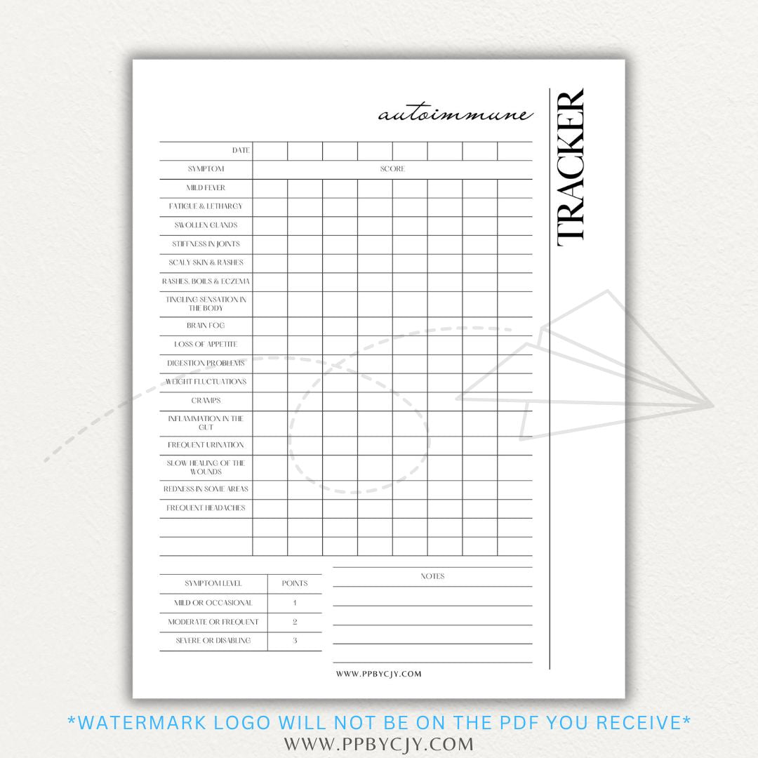 Autoimmune Disease Tracker Printable PDF Template with sections for symptoms, medications, triggers, and progress tracking.