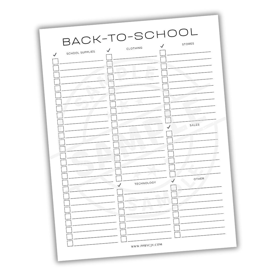 Checklist for back-to-school preparations with categories on a white background