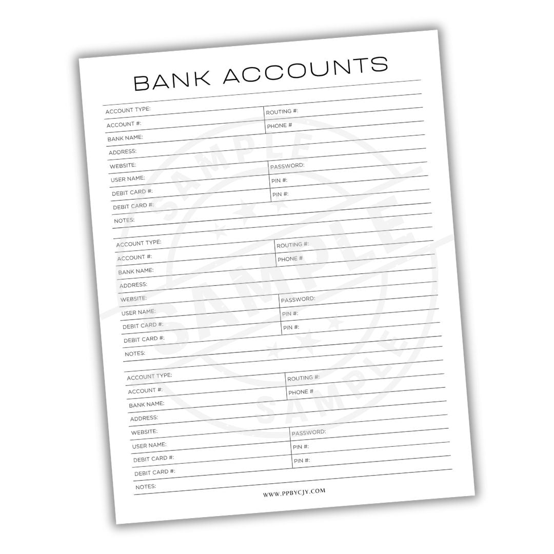Sheet of paper titled 'Bank Accounts' with columns for account details on a white background.