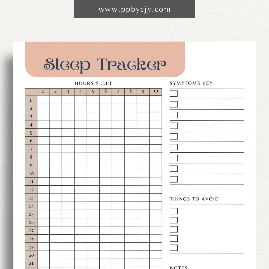 Sleep Tracker Printable Template – Digital download for recording and monitoring your sleep patterns, duration, and quality