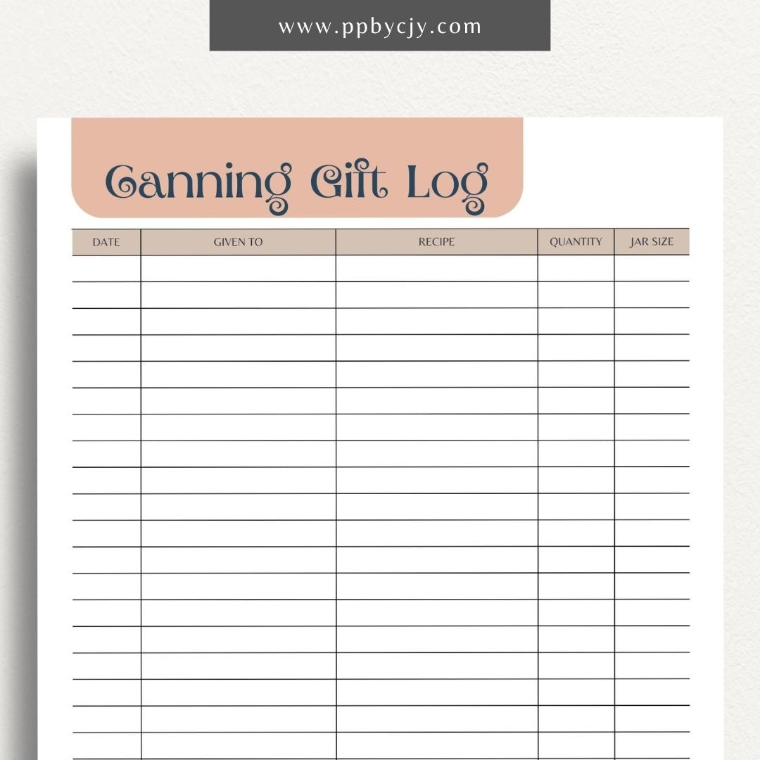 Homestead Canning Gift Log Printable Template – Digital download for tracking and organizing gifts made from home-canned goods.