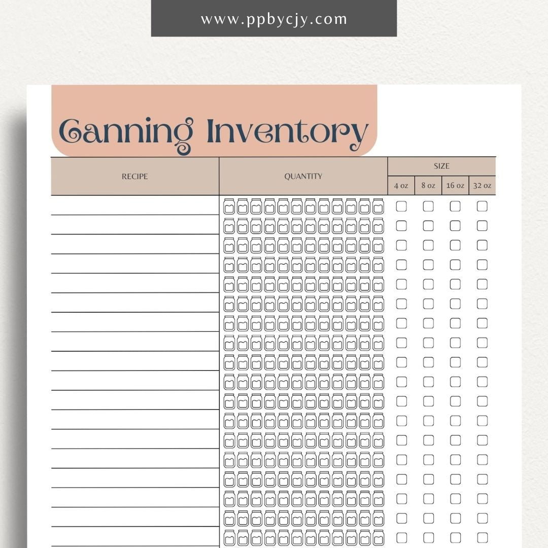 Homestead Canning Inventory Printable Template – Digital download for recording and managing home-canned goods and supplies.