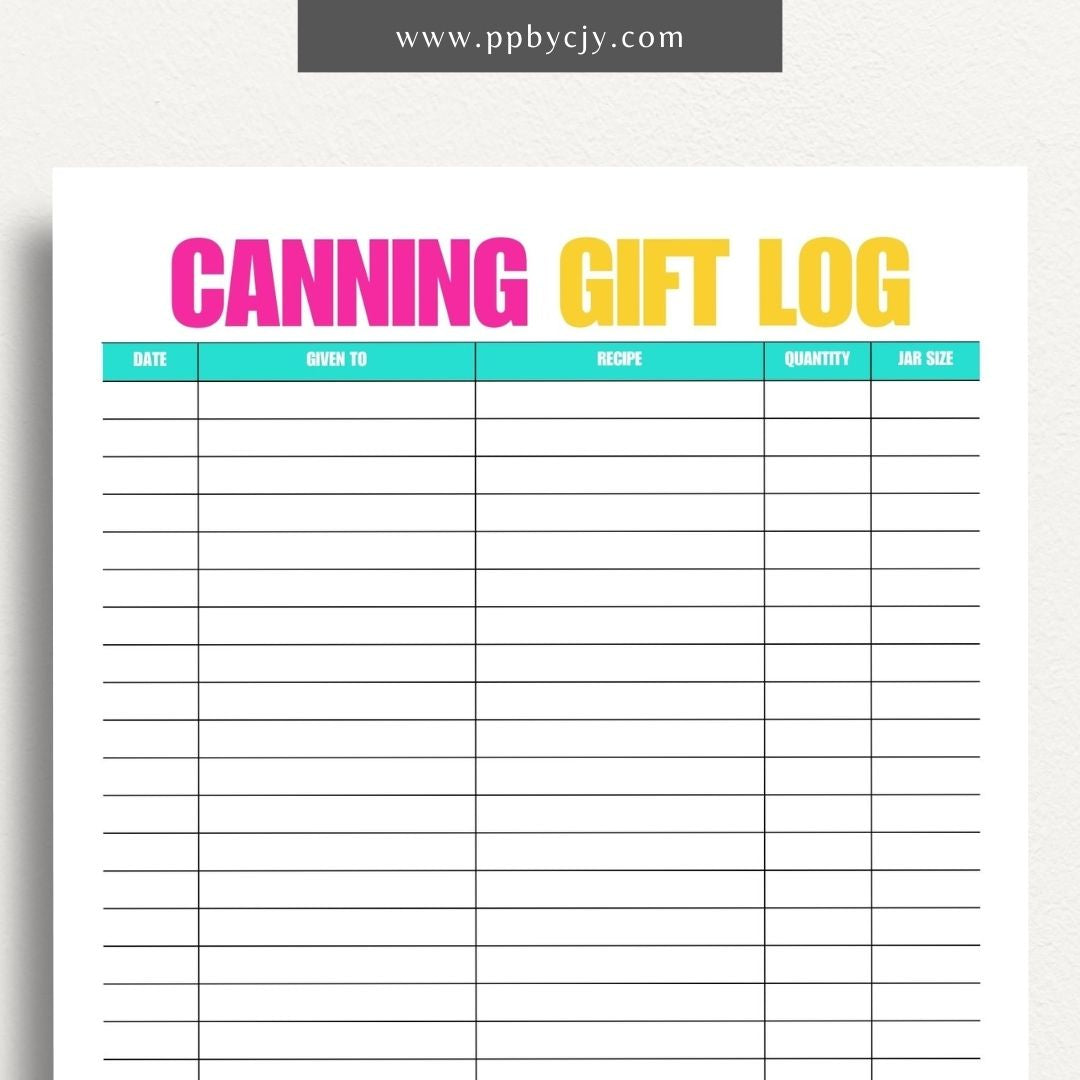 Homestead Canning Gift Log Printable Template – Digital download for tracking and organizing gifts made from home-canned goods.