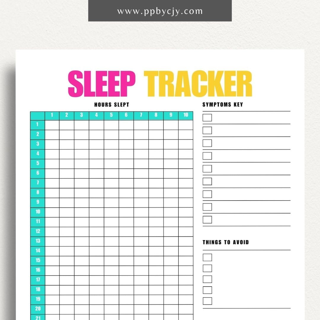 Sleep Tracker Printable Template – Digital download for recording and monitoring your sleep patterns, duration, and quality