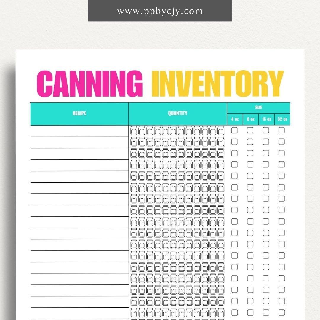 Homestead Canning Inventory Printable Template – Digital download for recording and managing home-canned goods and supplies.