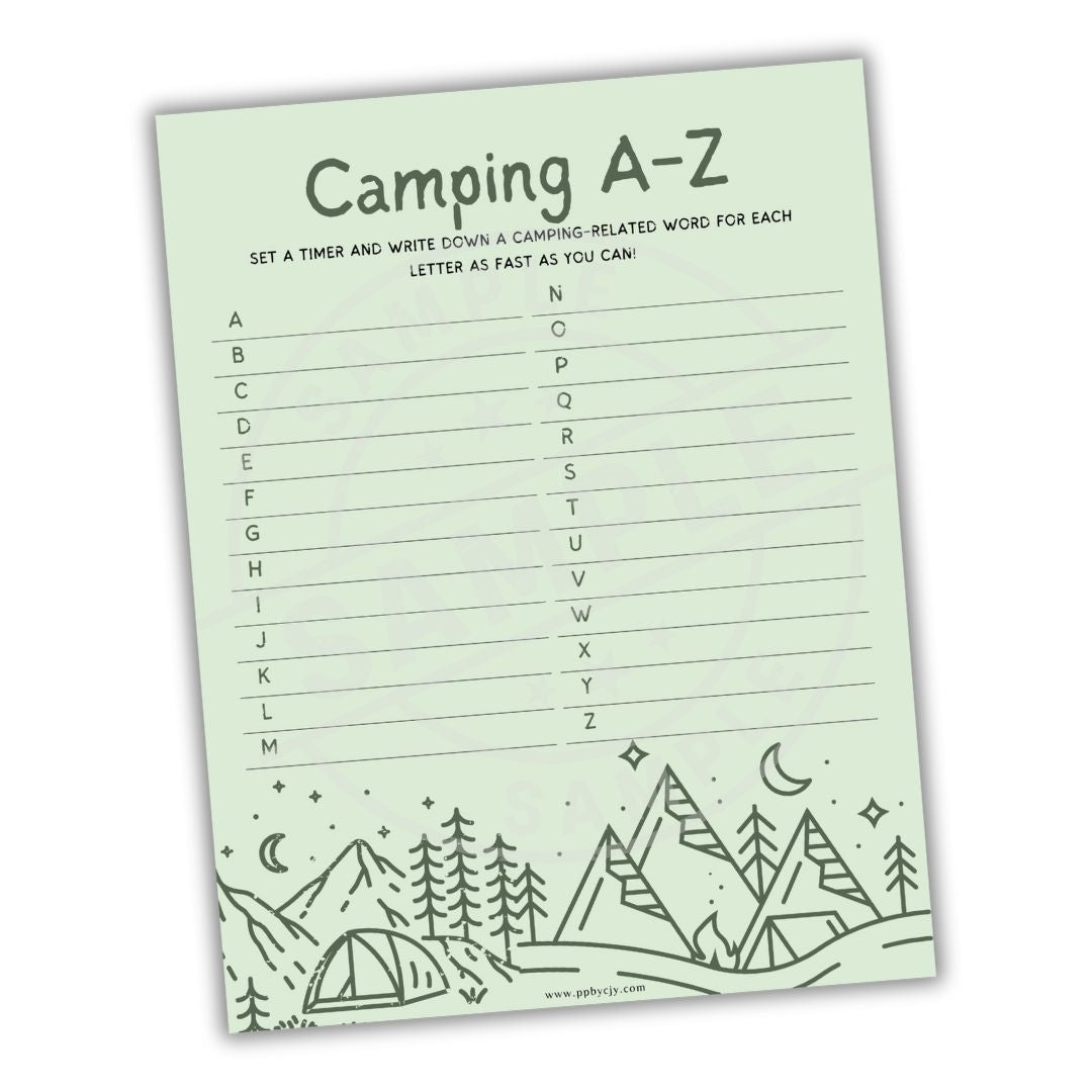 Sheet with 'Camping A-Z' activity on a light green background
