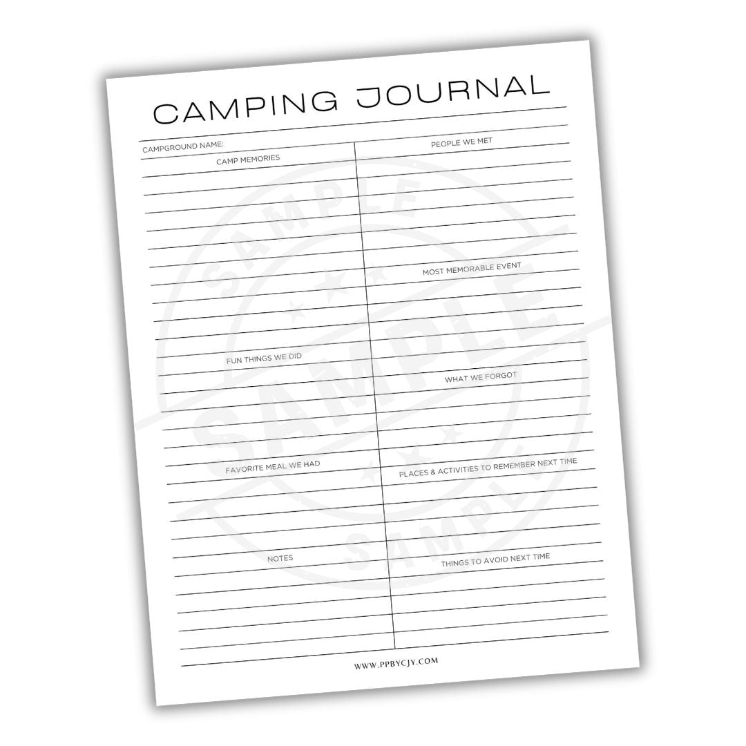 Camping journal sheet with text and lines on a white background
