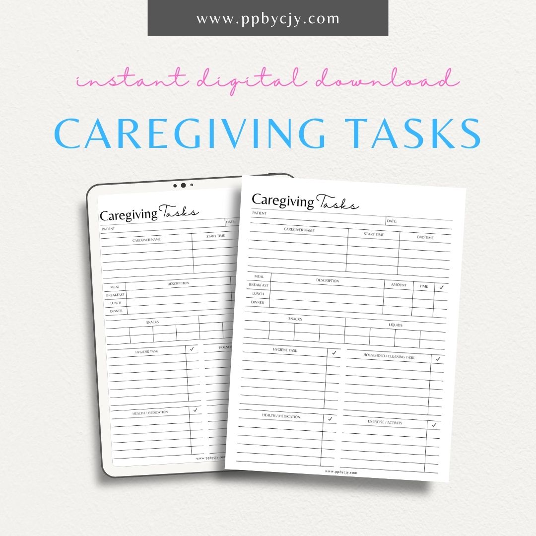 Caregiving Tasks Sheet Printable PDF Template for tracking caregiving duties and responsibilities