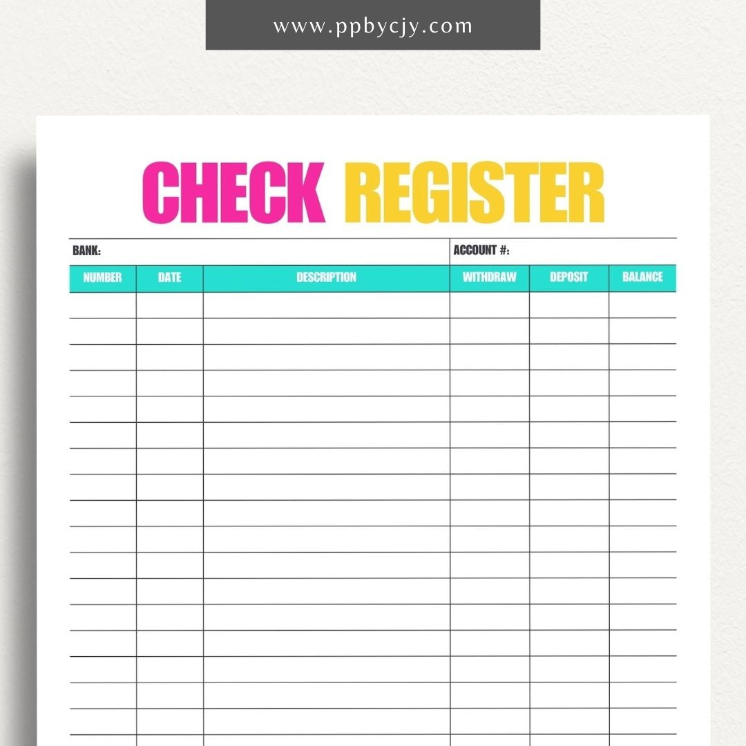 Checkbook Register Printable Template – Digital Download for Tracking and Managing Checkbook Transactions and Balances