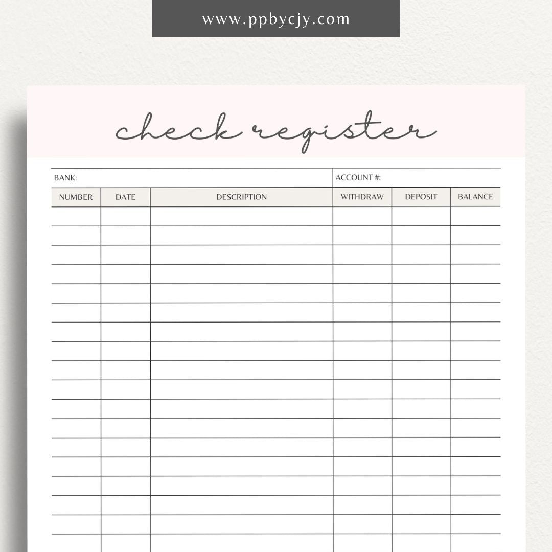 Checkbook Register Printable Template – Digital Download for Tracking and Managing Checkbook Transactions and Balances