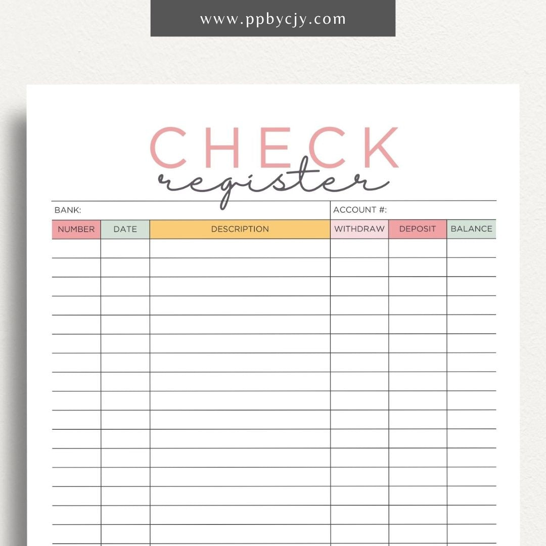 Checkbook Register Printable Template – Digital Download for Tracking and Managing Checkbook Transactions and Balances