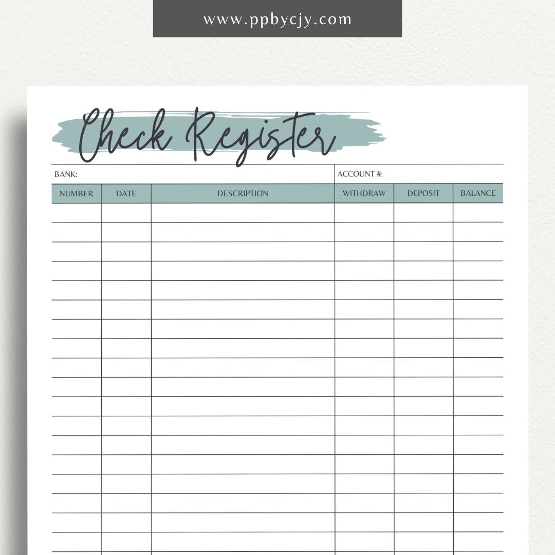 Checkbook Register Printable Template – Digital Download for Tracking and Managing Checkbook Transactions and Balances