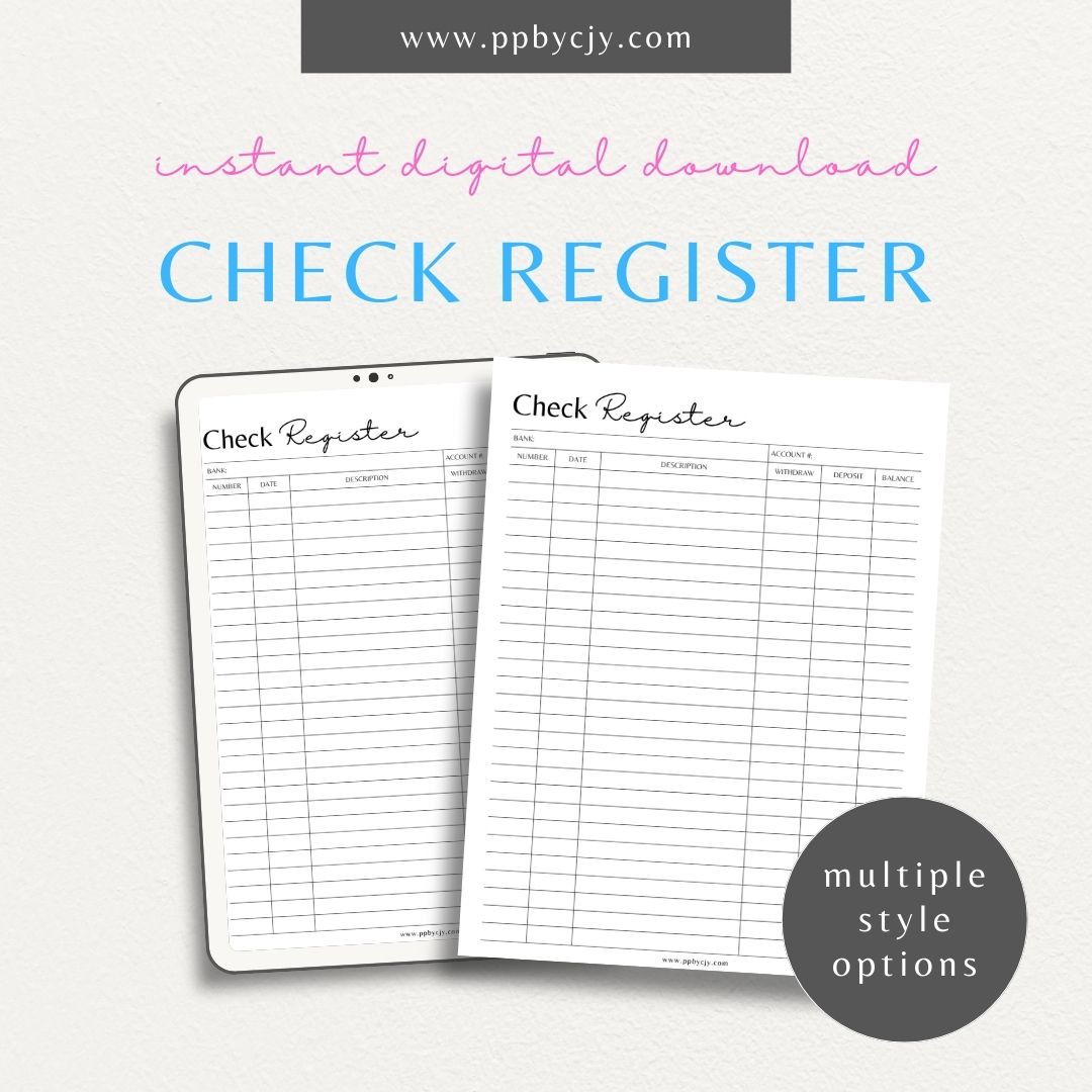 Checkbook Register Printable Template – Digital Download for Tracking and Managing Checkbook Transactions and Balances