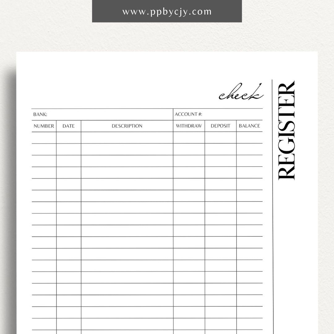 Checkbook Register Printable Template – Digital Download for Tracking and Managing Checkbook Transactions and Balances