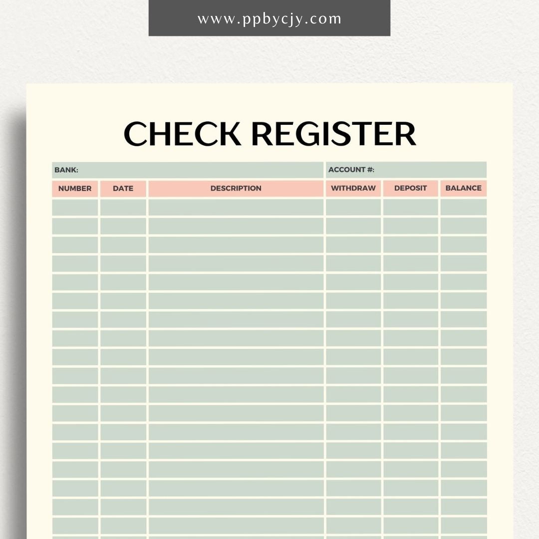 Checkbook Register Printable Template – Digital Download for Tracking and Managing Checkbook Transactions and Balances
