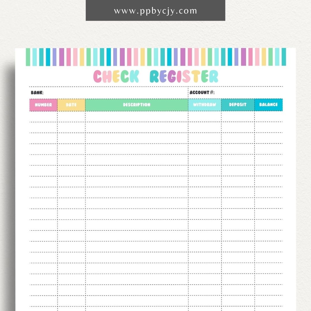 Checkbook Register Printable Template – Digital Download for Tracking and Managing Checkbook Transactions and Balances