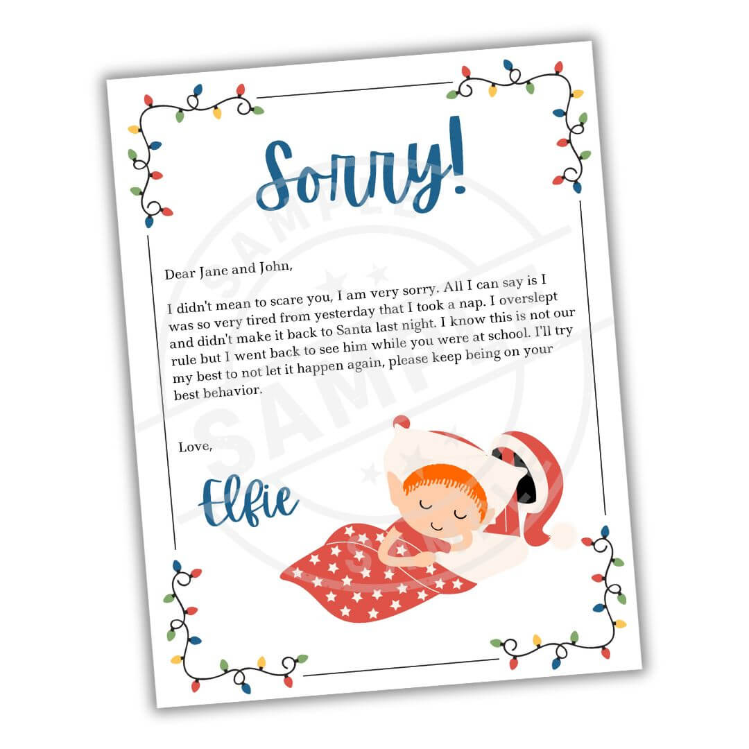 Letter from an elf apologizing with Christmas lights and text on a white background