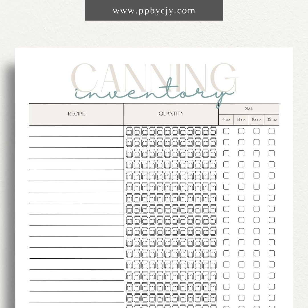 Homestead Canning Inventory Printable Template – Digital download for recording and managing home-canned goods and supplies.