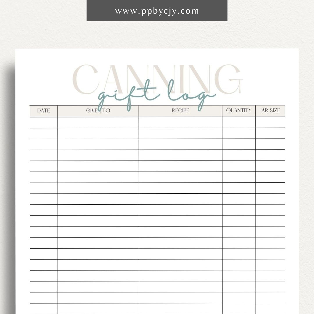 Homestead Canning Gift Log Printable Template – Digital download for tracking and organizing gifts made from home-canned goods.