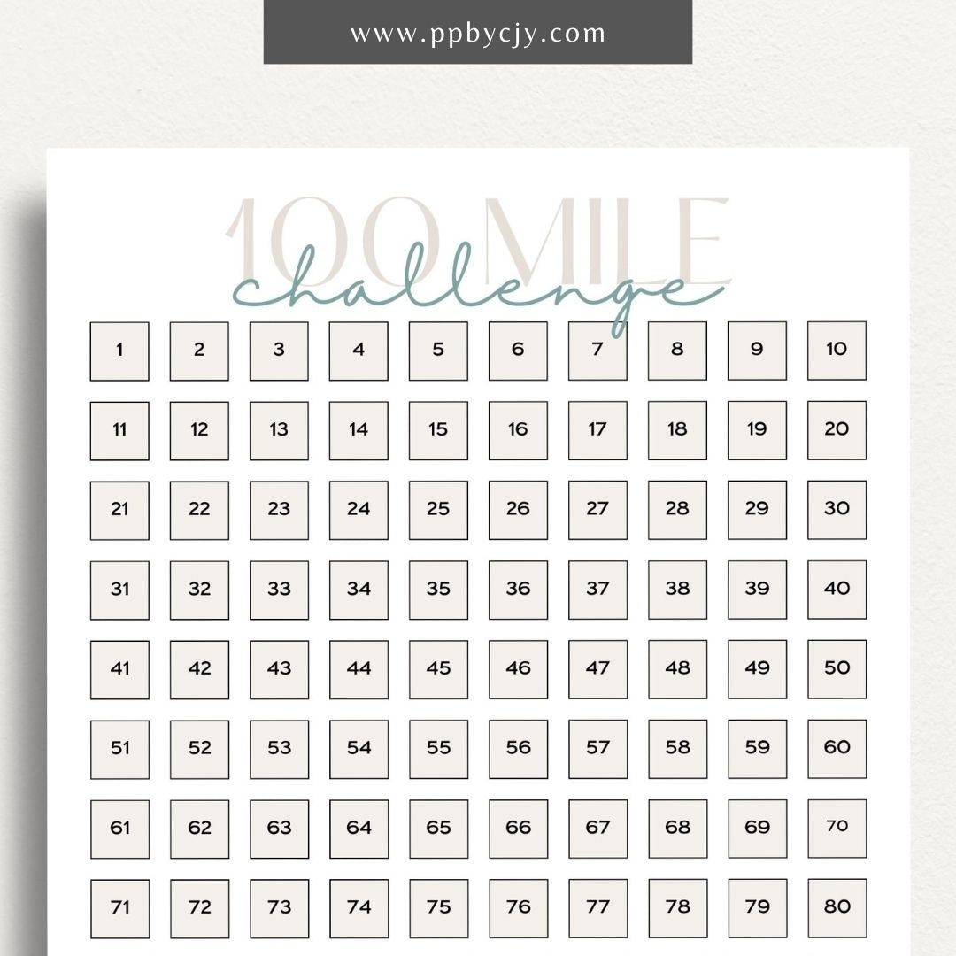 100 Mile Challenge Printable Template – Digital Download for Tracking Your Mileage Goals