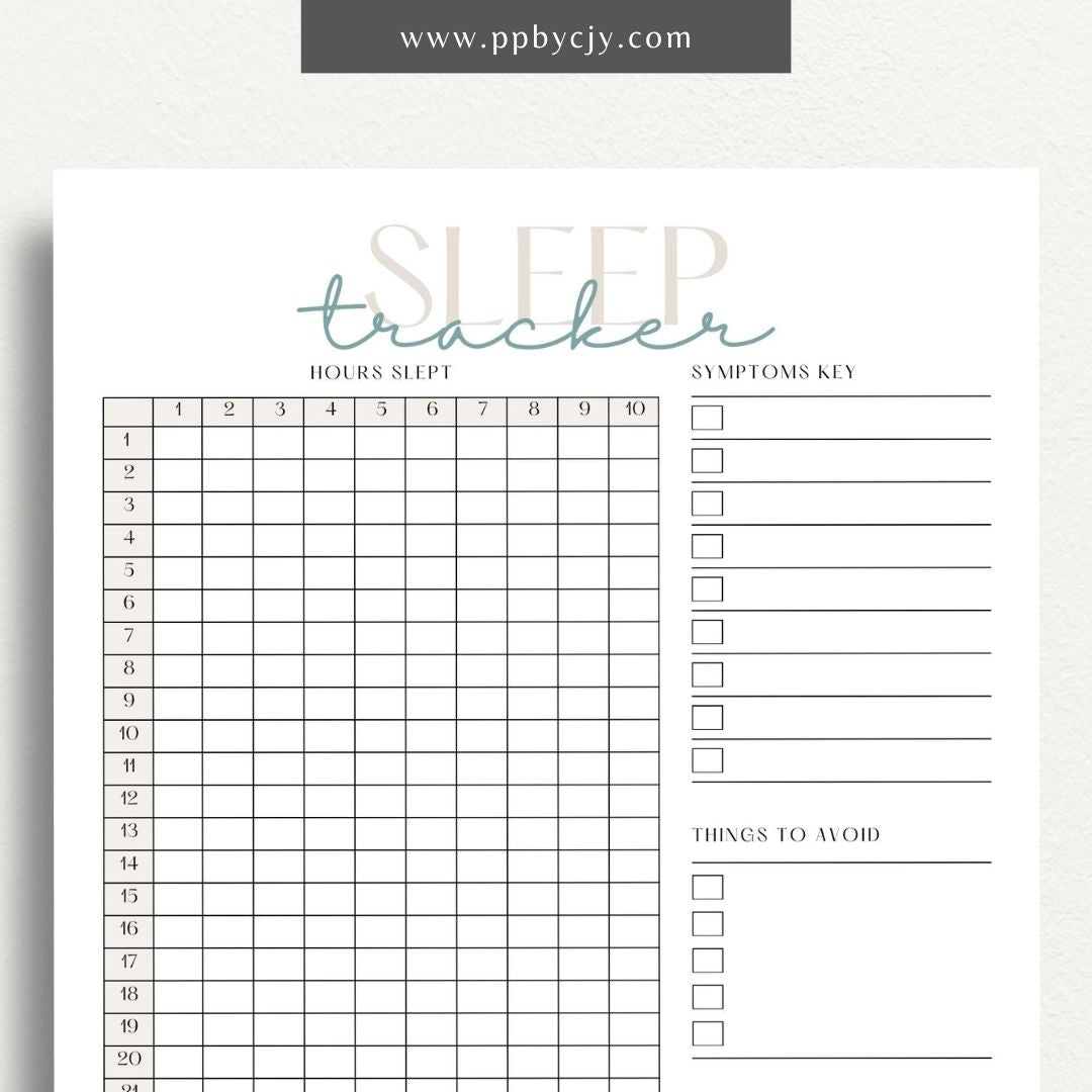 Sleep Tracker Printable Template – Digital download for recording and monitoring your sleep patterns, duration, and quality
